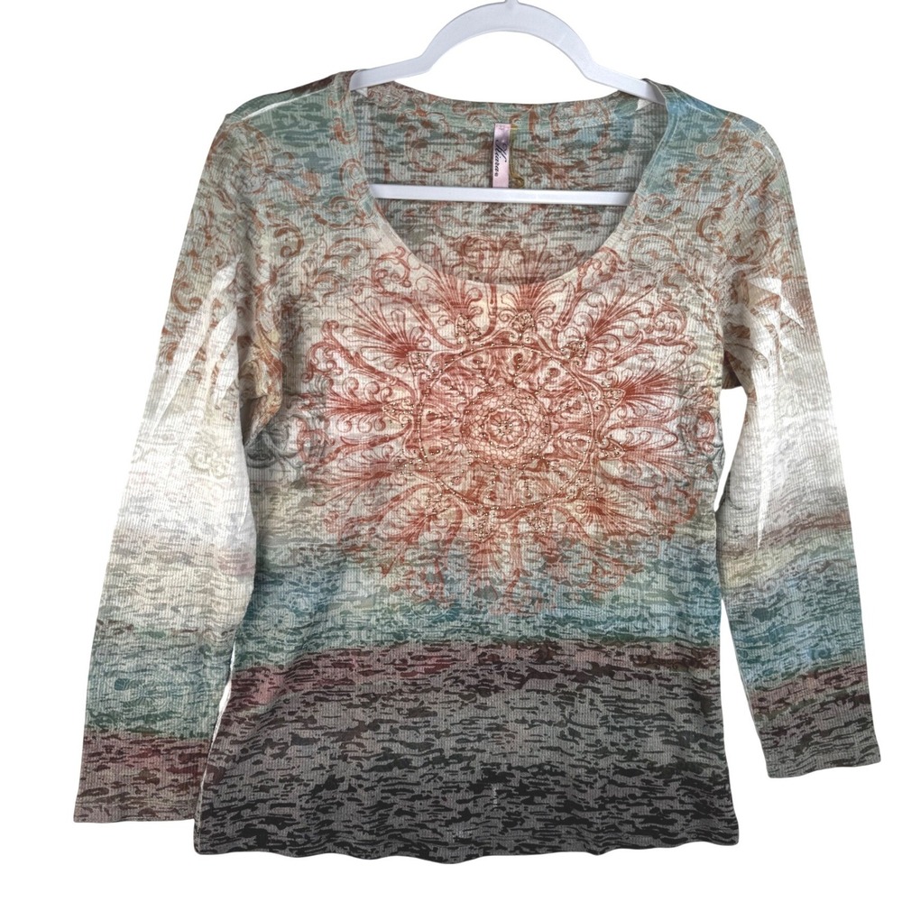 Kiara Womens Medium Mandala Burnout Thermal Top Studded Long Sleeve Multicolor